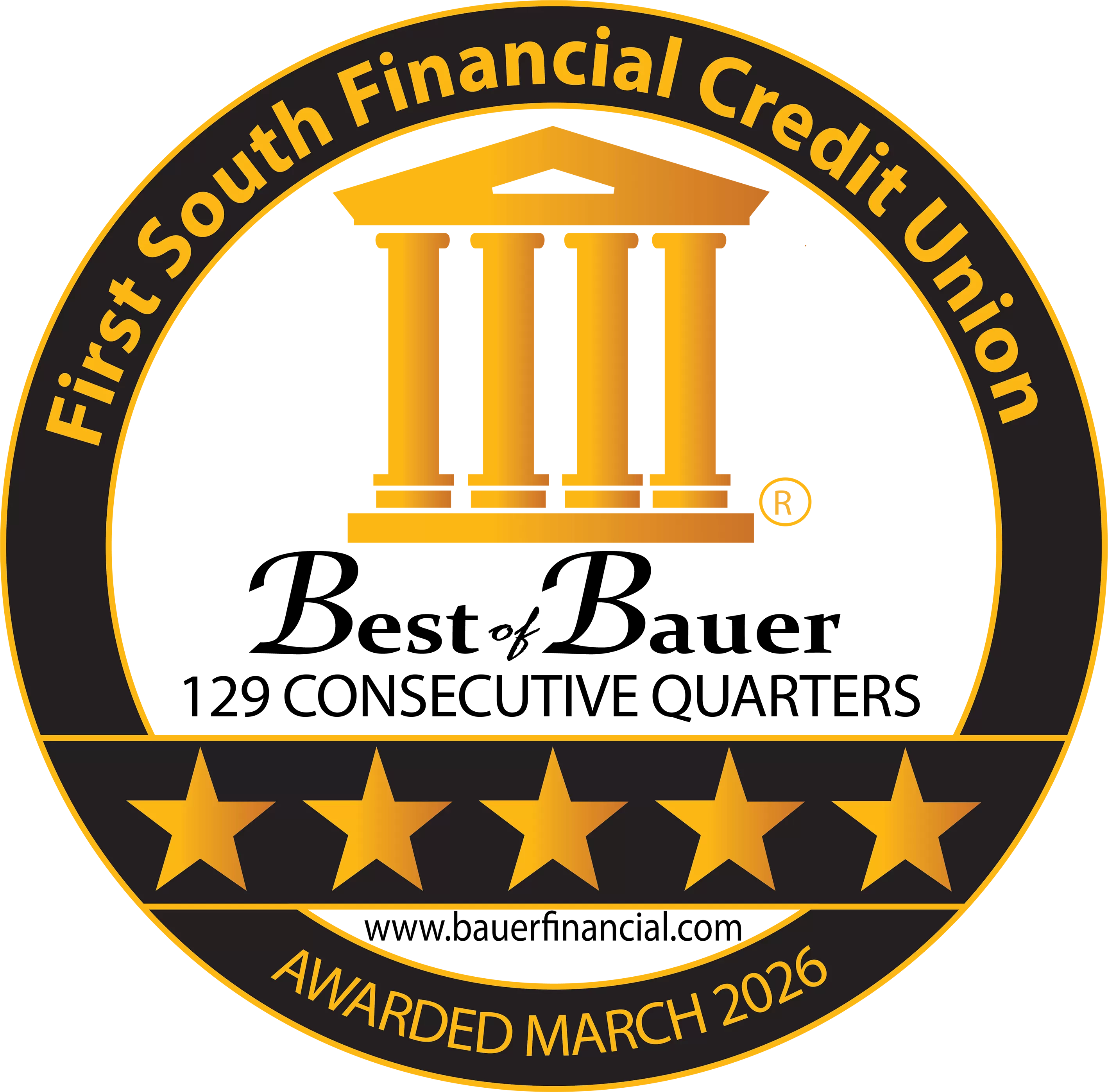 Best of Bauer for 126 consecutive quarters Our institution is rated five stars by Bauer for 127 consecutive quarters.